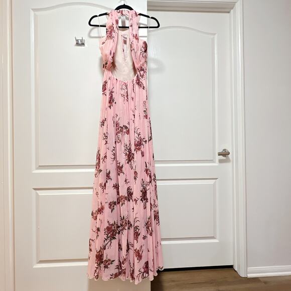 Marchesa Notte Blush Floral Halter Gown Open Back Maxi Dress - Picture 6 of 10